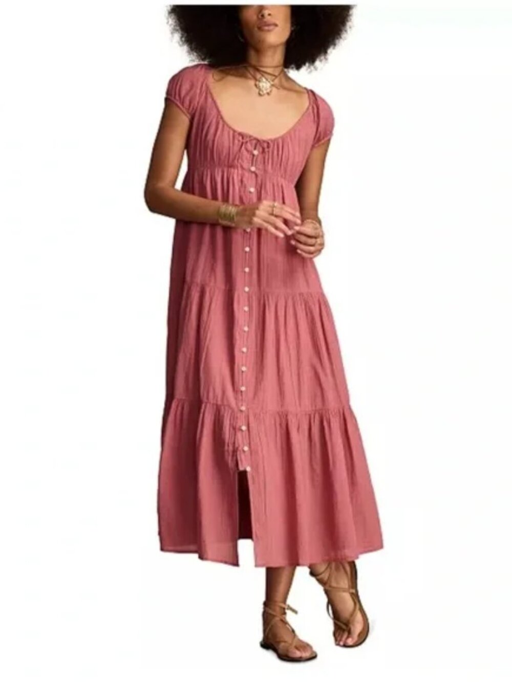 Lucky Brand Tiered Button-Front Peasant Dress - Size Medium